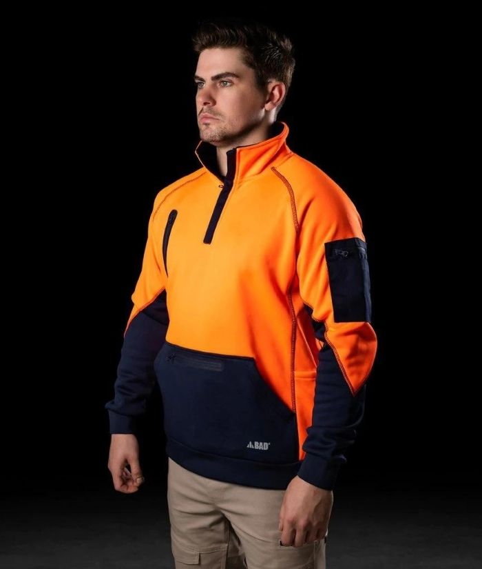 hi-vis-orange-navy-bad-workwear-f02-waterproof-rain-defend-14-zip-fleece-pullover