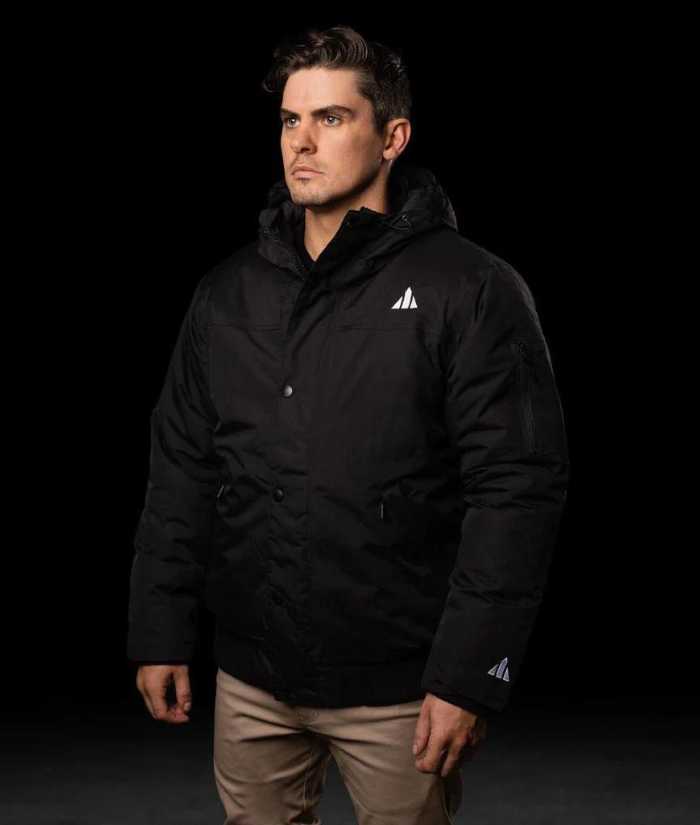 model-Front-bad-waterproof-quest-parka-jacket-black-worn-khaki-bad-pant-black-tee
