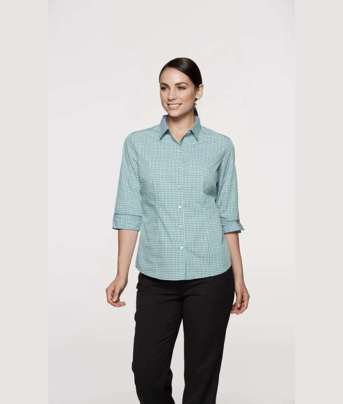 model-emerald-aussie-pacific-ladies-34-sleeve-check-shirt-2907T