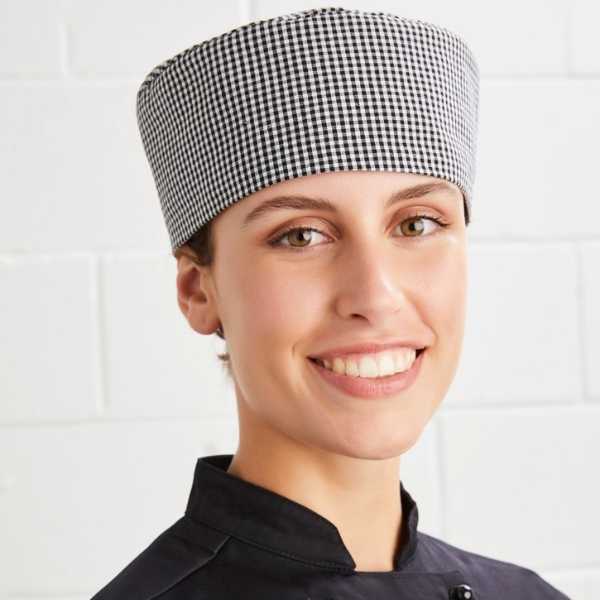 worn-CH238-yes-chef-flat-top-chef-cap-white-black-check