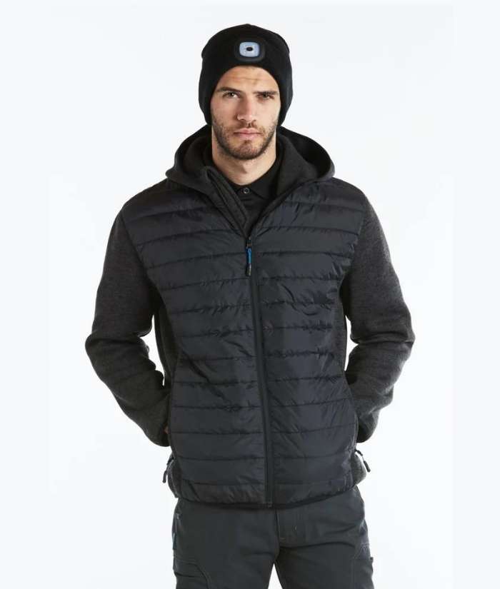 worn-T832-KX3-Baffle-puffer-fleece-sleeve-jacket-black-marle-grey