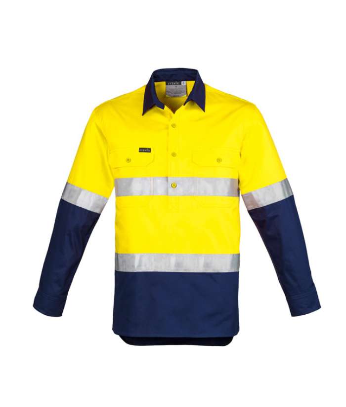 yellow-navy-syzmik-Mens-Hi-Vis-Closed-Front-Long-Sleeve-Shirt-Hoop-Taped-ZW550