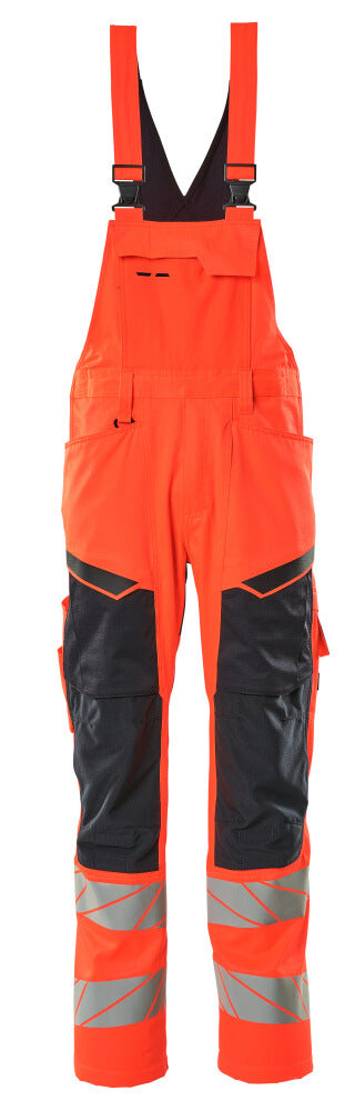 MASCOT Bib & Brace with kneepad pockets – Hi-Vis Red/Dark Navy