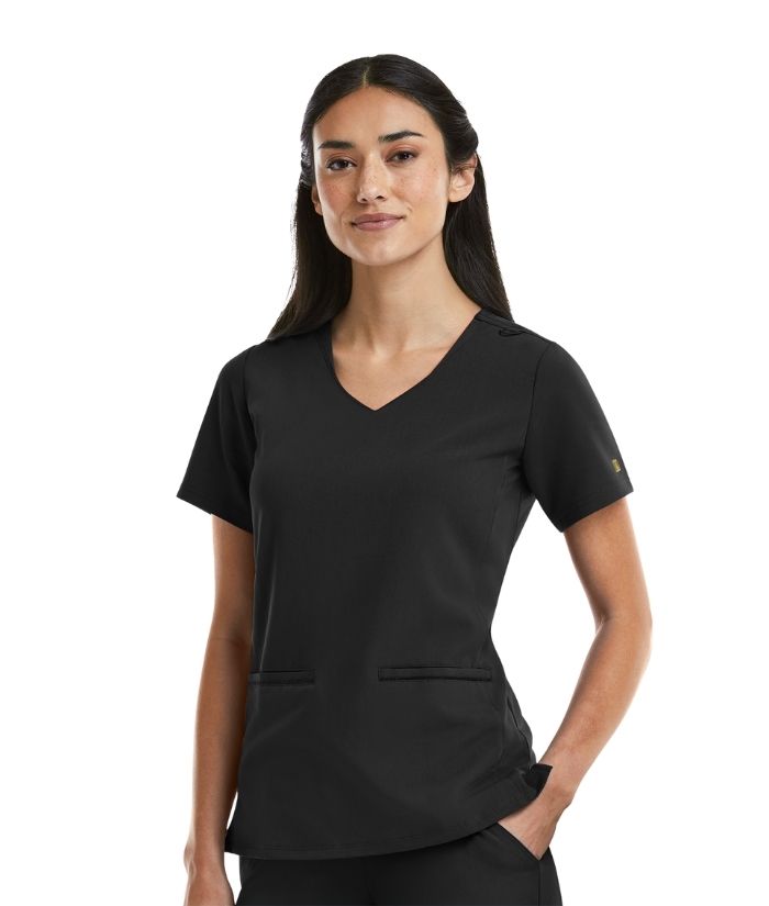 Women’s Curved V-Neck Top with Metallic Detail