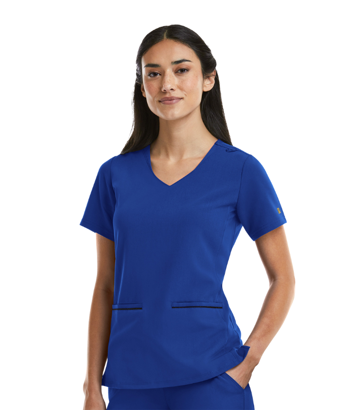 Women’s Curved V-Neck Top with Metallic Detail