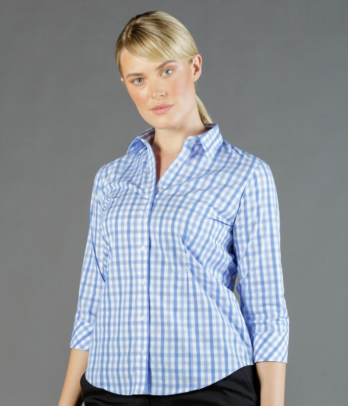 womens-check-3/4-sleeve-shirts-Foxton Tonal Check Long Sleeve Womens Shirt-1711wl