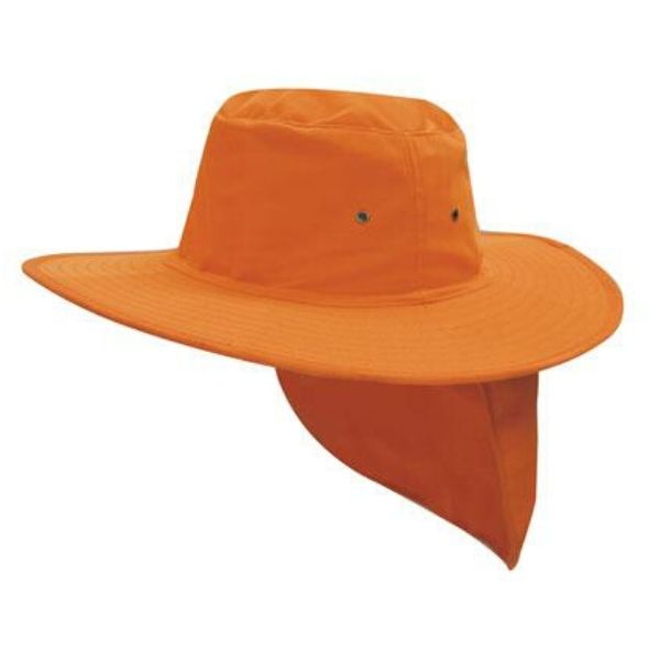 Headwear wide brim canvas hat with sun protection flap. Fluro Orange