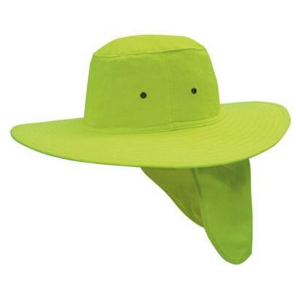 Headwear wide brim canvas hat with sun protection flap. Fluro Green / Yellow
