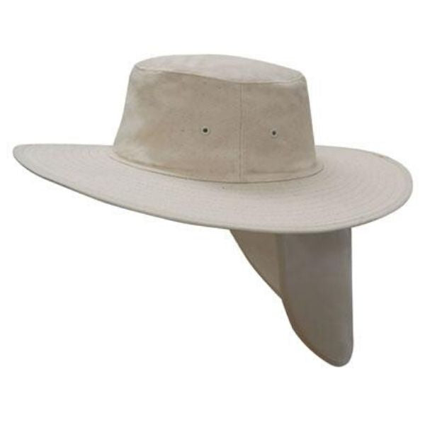 Headwear wide brim canvas hat with sun protection flap. Natural