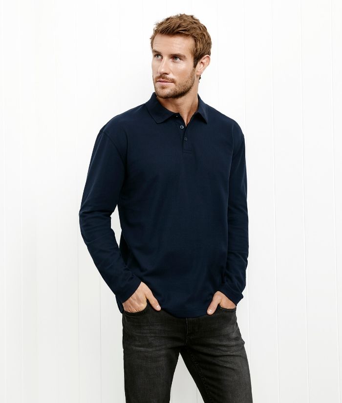 Biz Collection Mens Long sleeve Crew Polo. P400MS Colours: Navy, Black, Charcoal