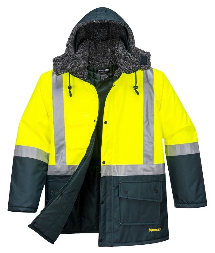 huski, freezer jacket, k8044, hi vis, waterproof, yellow, forest green, fur lined, hood