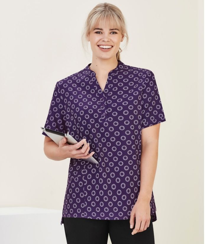 womens-short-sleeve-tunic-bizcare-florence-dairy-print-stretch-purple-CS950ls