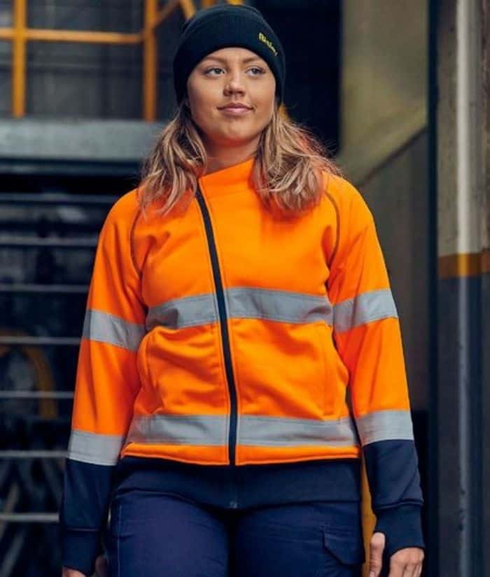 womens-ladies-orange-navy-bisley-womens-hi-vis-taped-full-zip-hoodie-jacket-BKL6819T