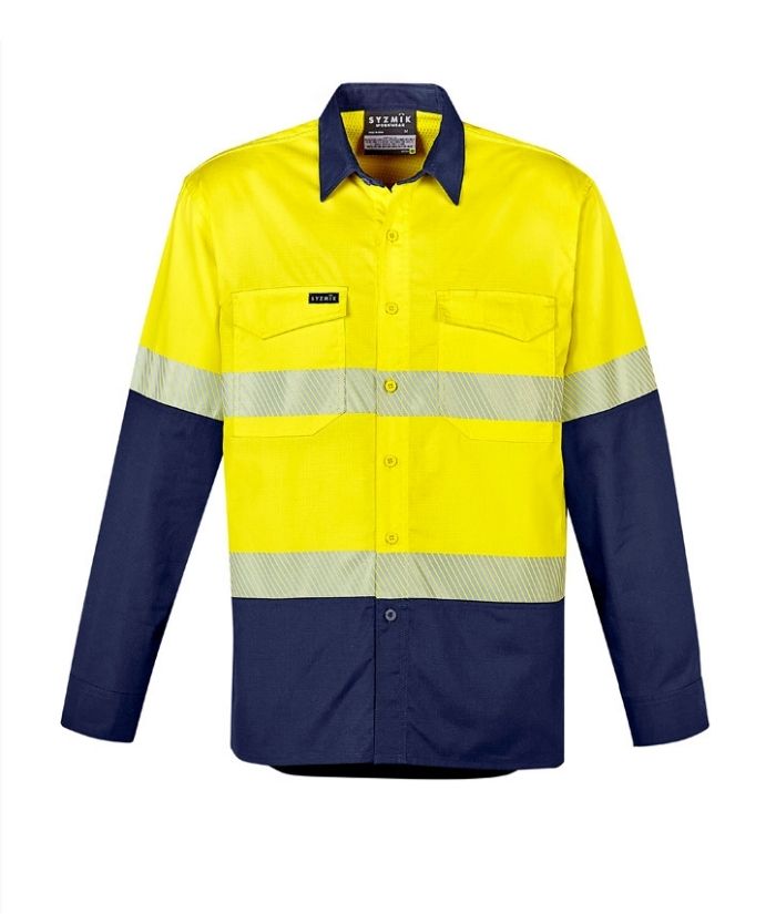 zw229-mens-rugged-cooling-hi-vis-segmented-tap-long-sleeve-shirt-yellow-navy